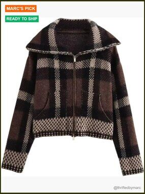Checkered Lapel Collar Long Sleeve Zip Up Cardigan Sweater Knit Jacket